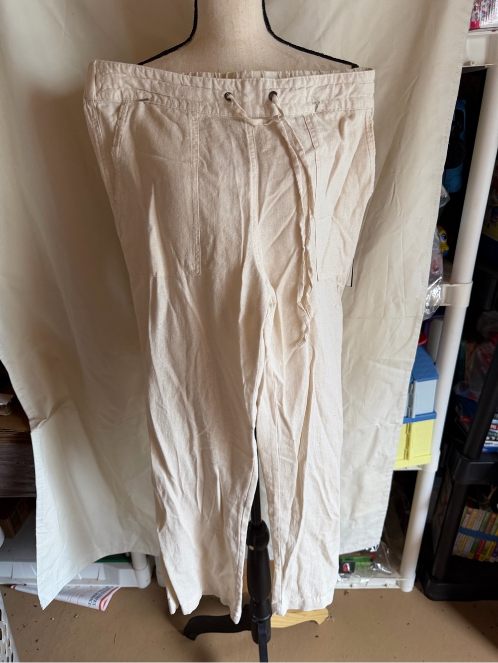 NWT Cream Drawstring Linen-Blend Pants
